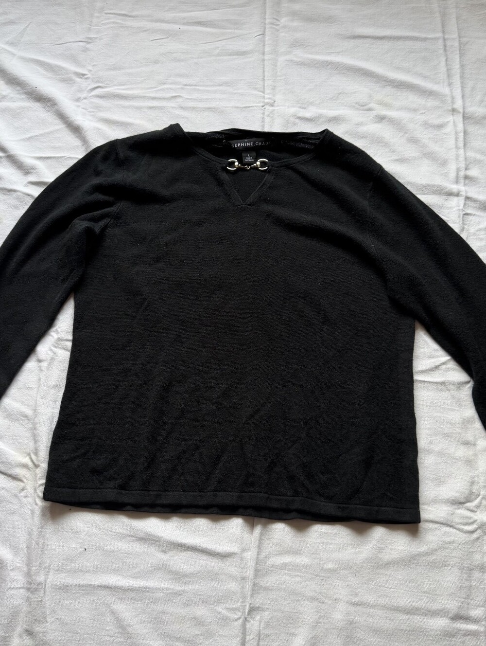 Josephine Chaus Black V‑Neck Sweater with Silver Ring Detail